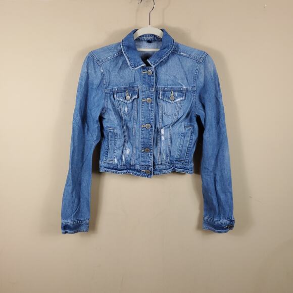 American Eagle Distressed Denim Cropped Jacket Size S - Picture 1 of 12